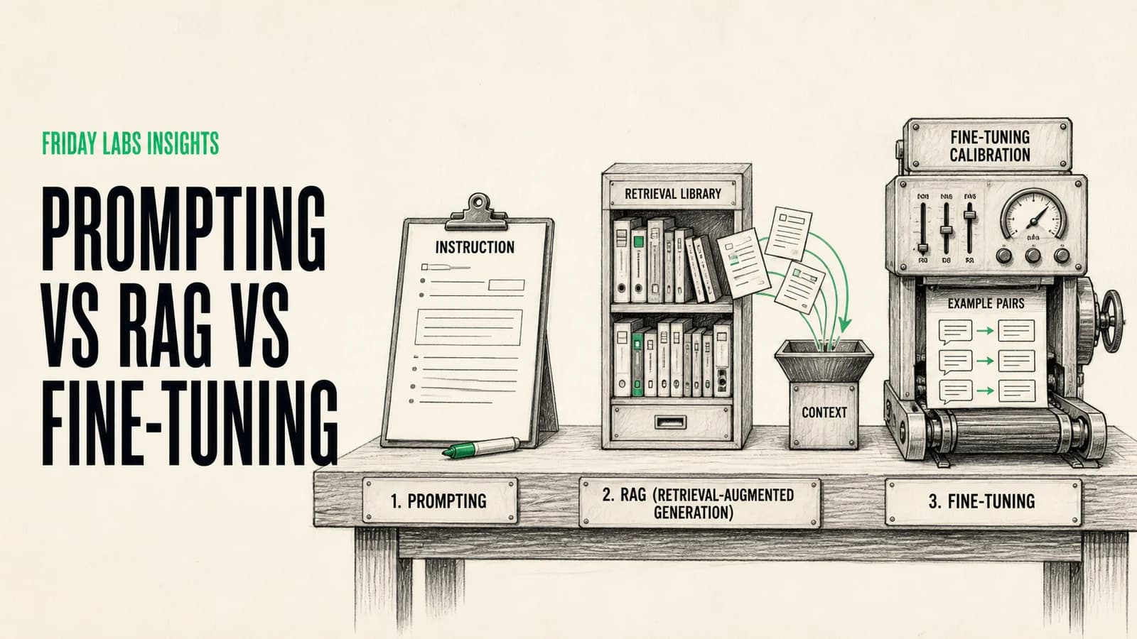 Prompt Engineering vs RAG vs Fine-Tuning guide illustration