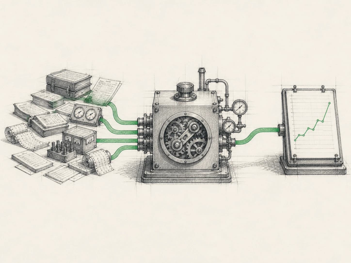 A hand-drawn reporting instrument turning scattered records into one clear signal