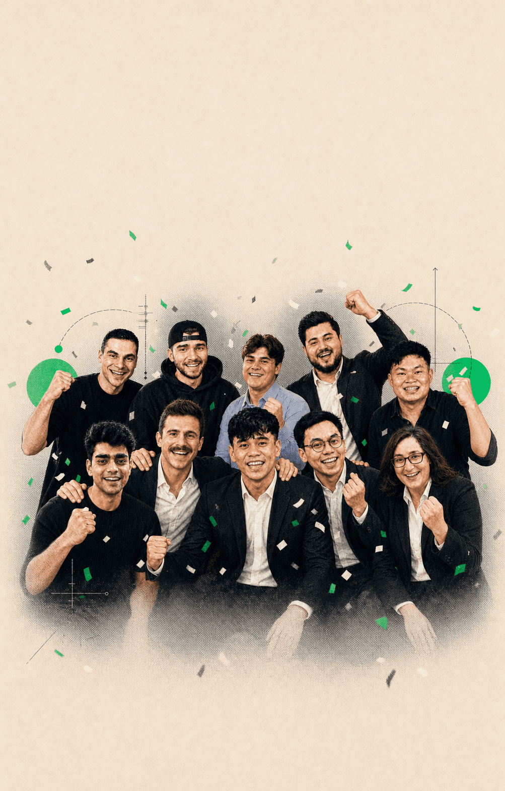 The Friday Labs team celebrating together in a modern halftone illustration
