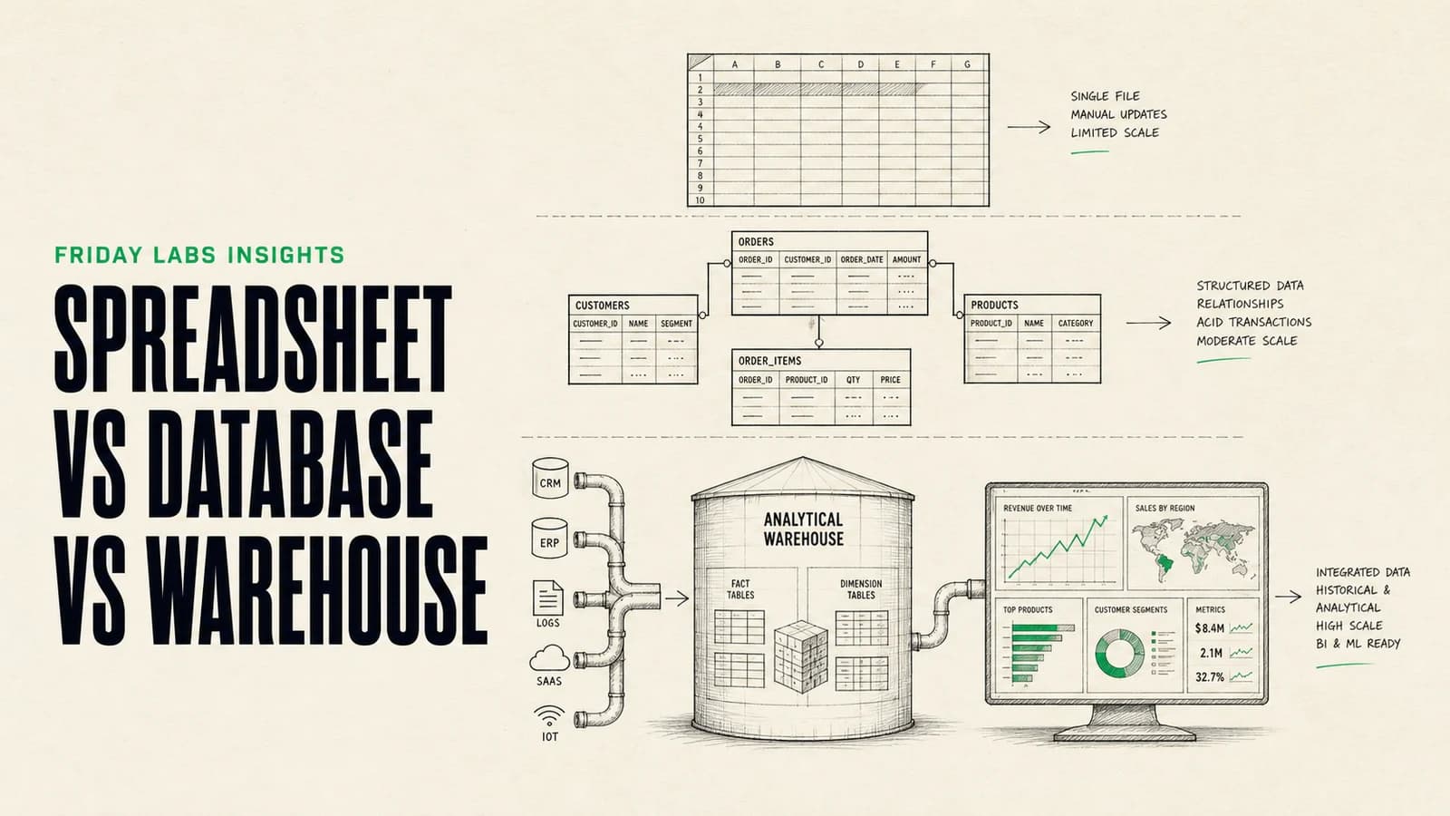 Spreadsheet vs Database vs Data Warehouse: When to Switch guide illustration