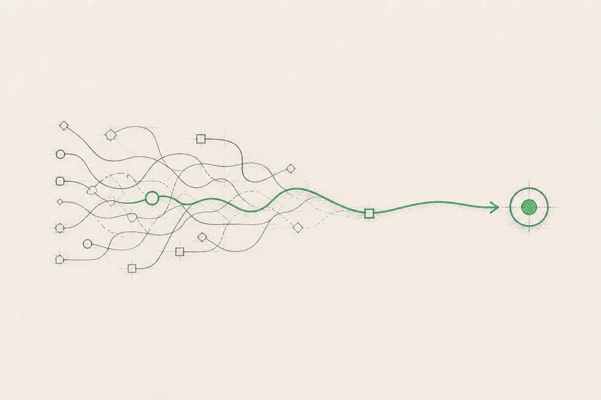 Several tangled paths becoming one clear route to the right target