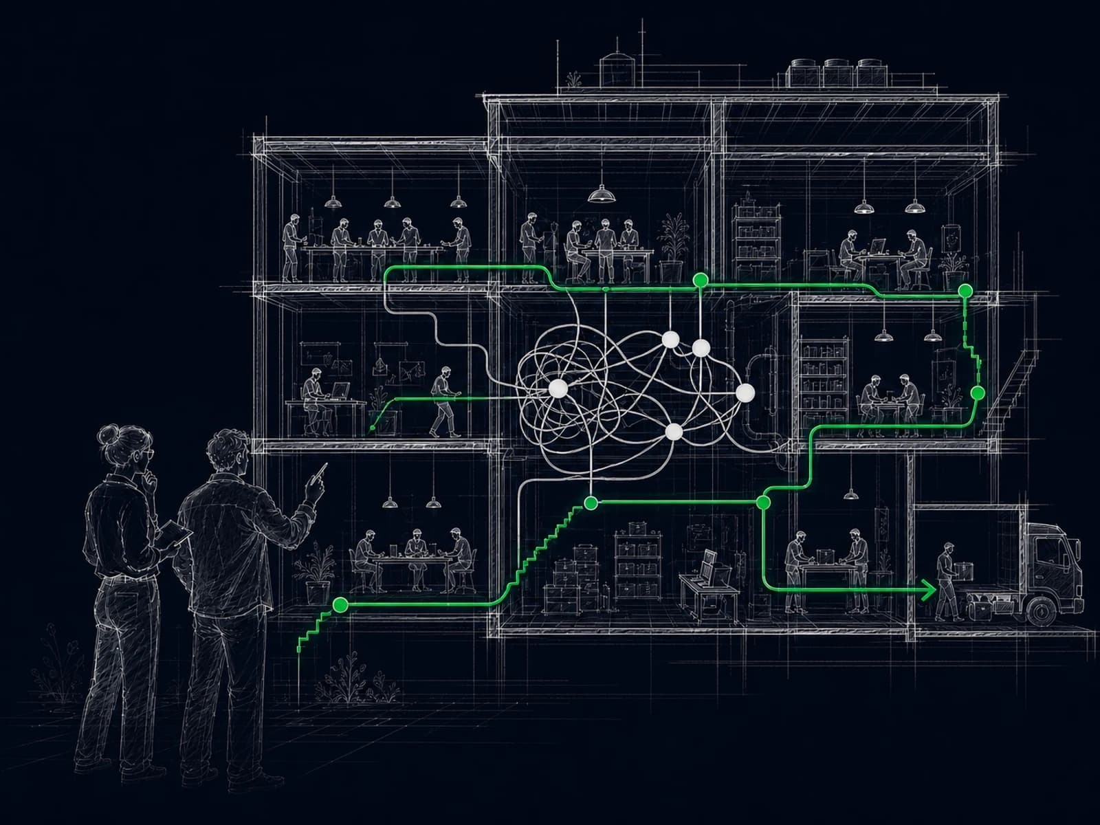 A hand-drawn architectural cutaway tracing how work moves through a business