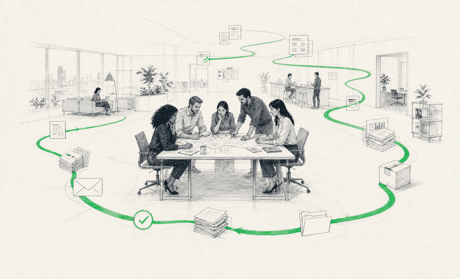 A hand-drawn team working inside a clear connected operating system