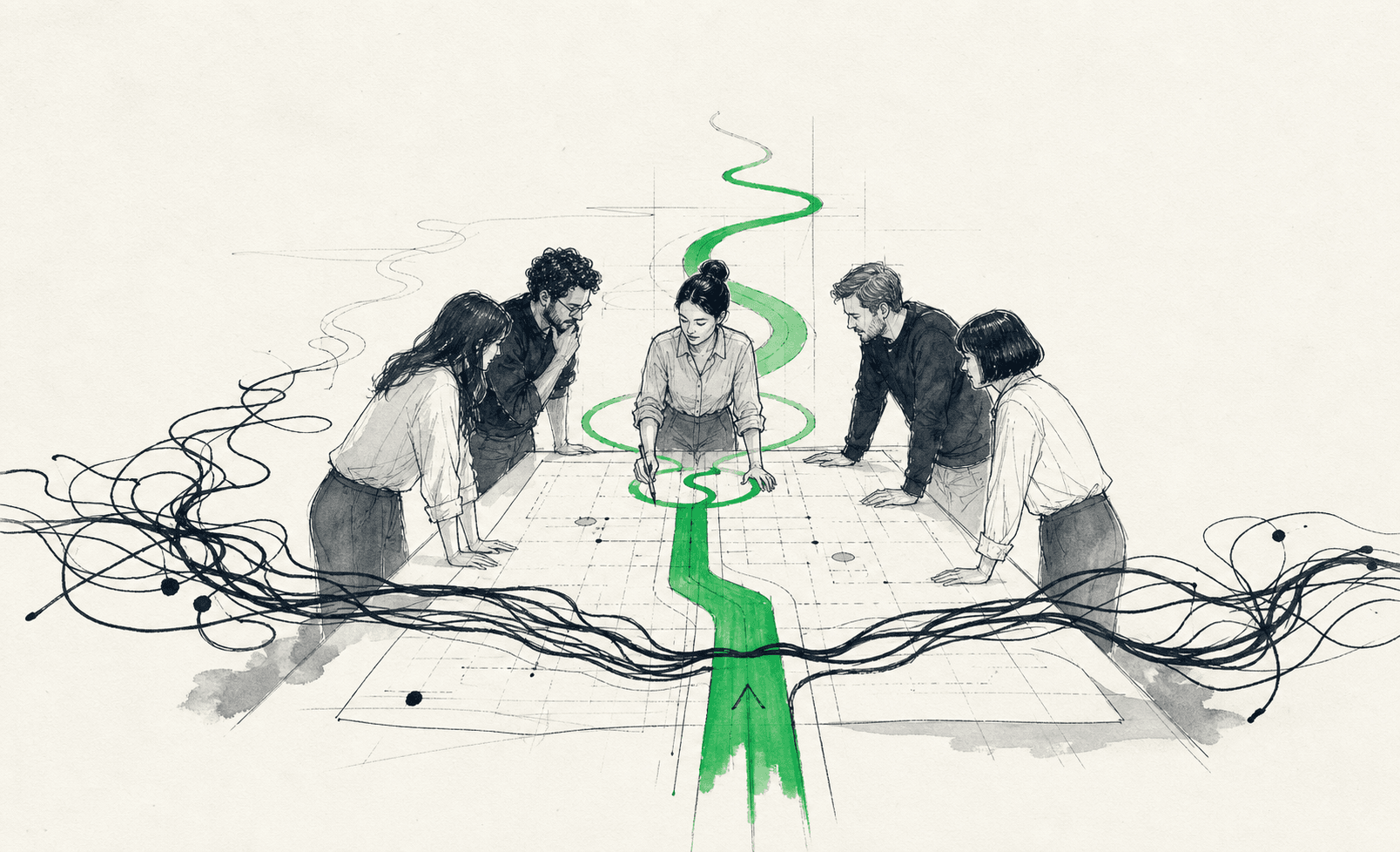A hand-drawn team turning tangled business operations into one clear system