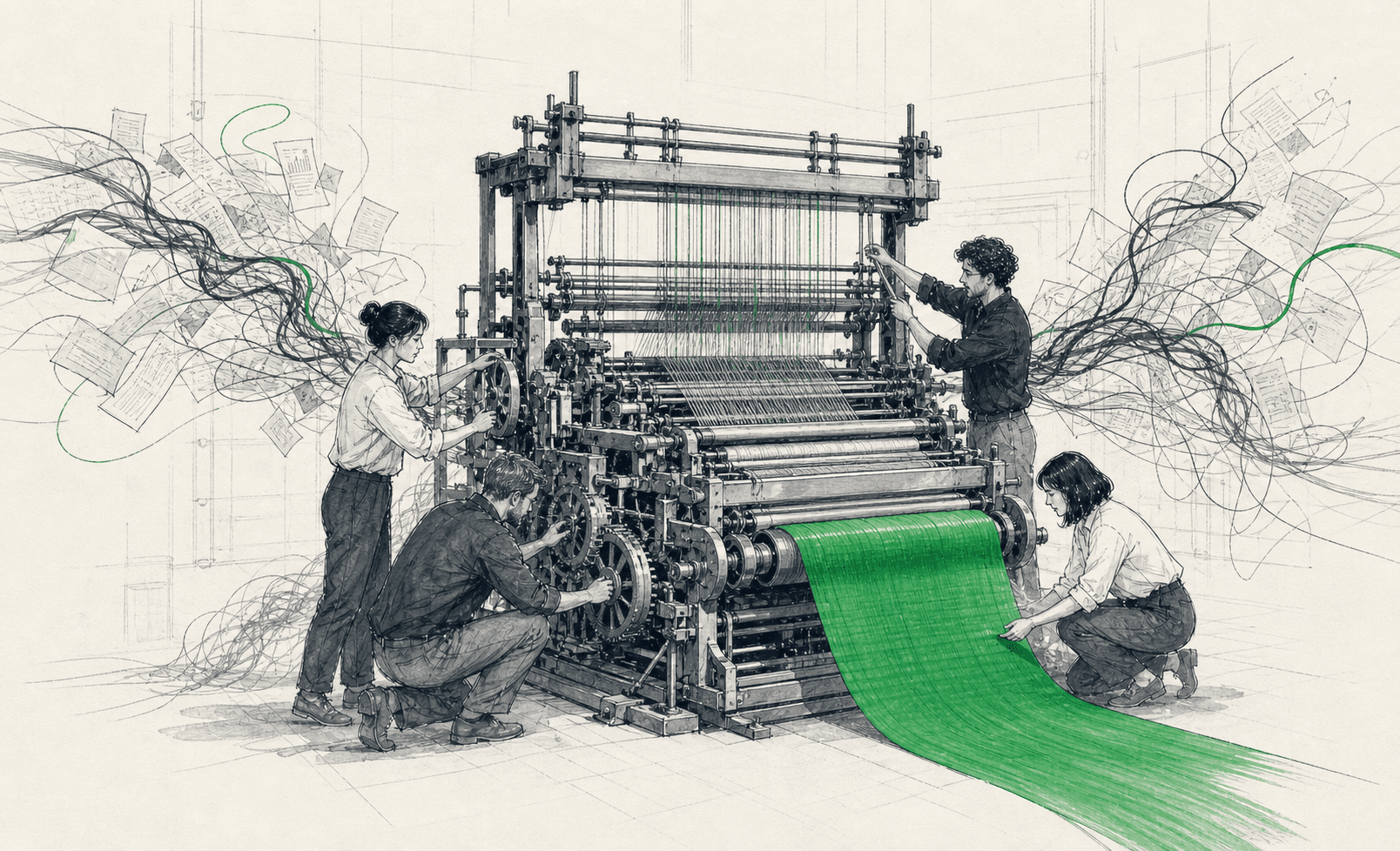 A hand-drawn team turning scattered work into one reliable system