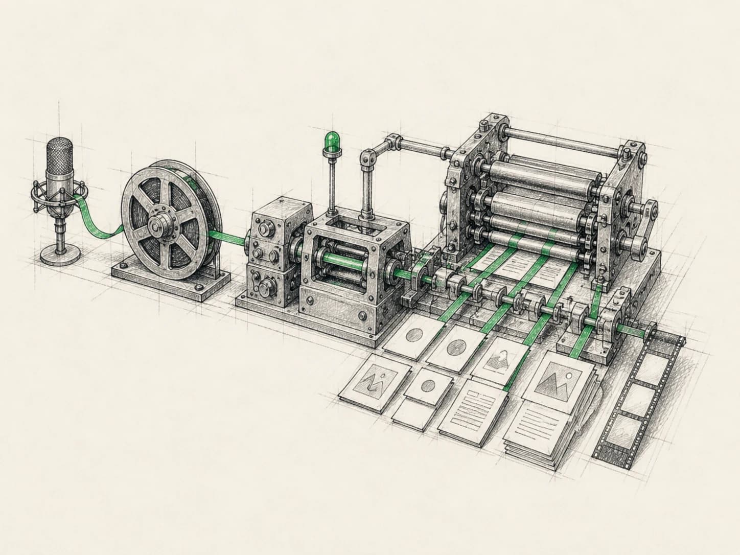A hand-drawn editorial machine turning one recording into several finished assets
