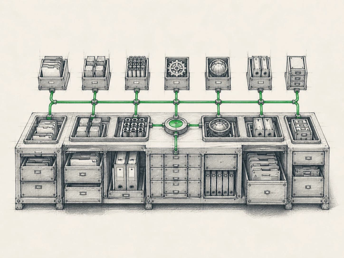A hand-drawn internal workbench organizing business tools and information