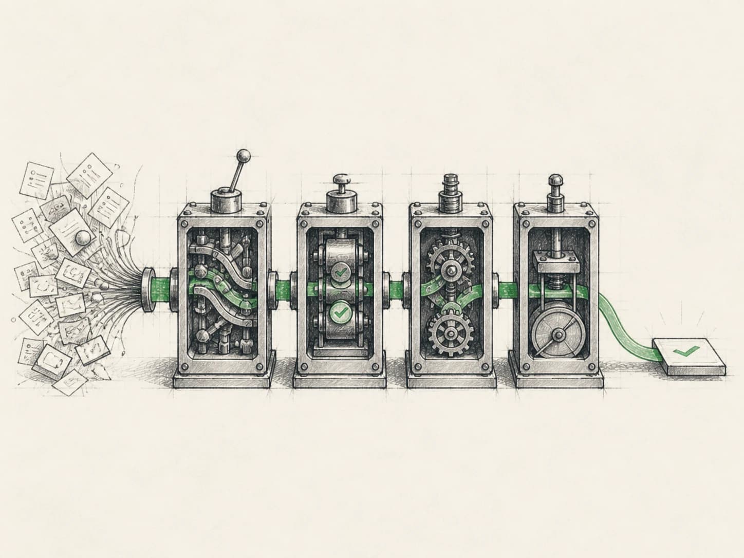 A hand-drawn sequence turning scattered work into one clean automated output