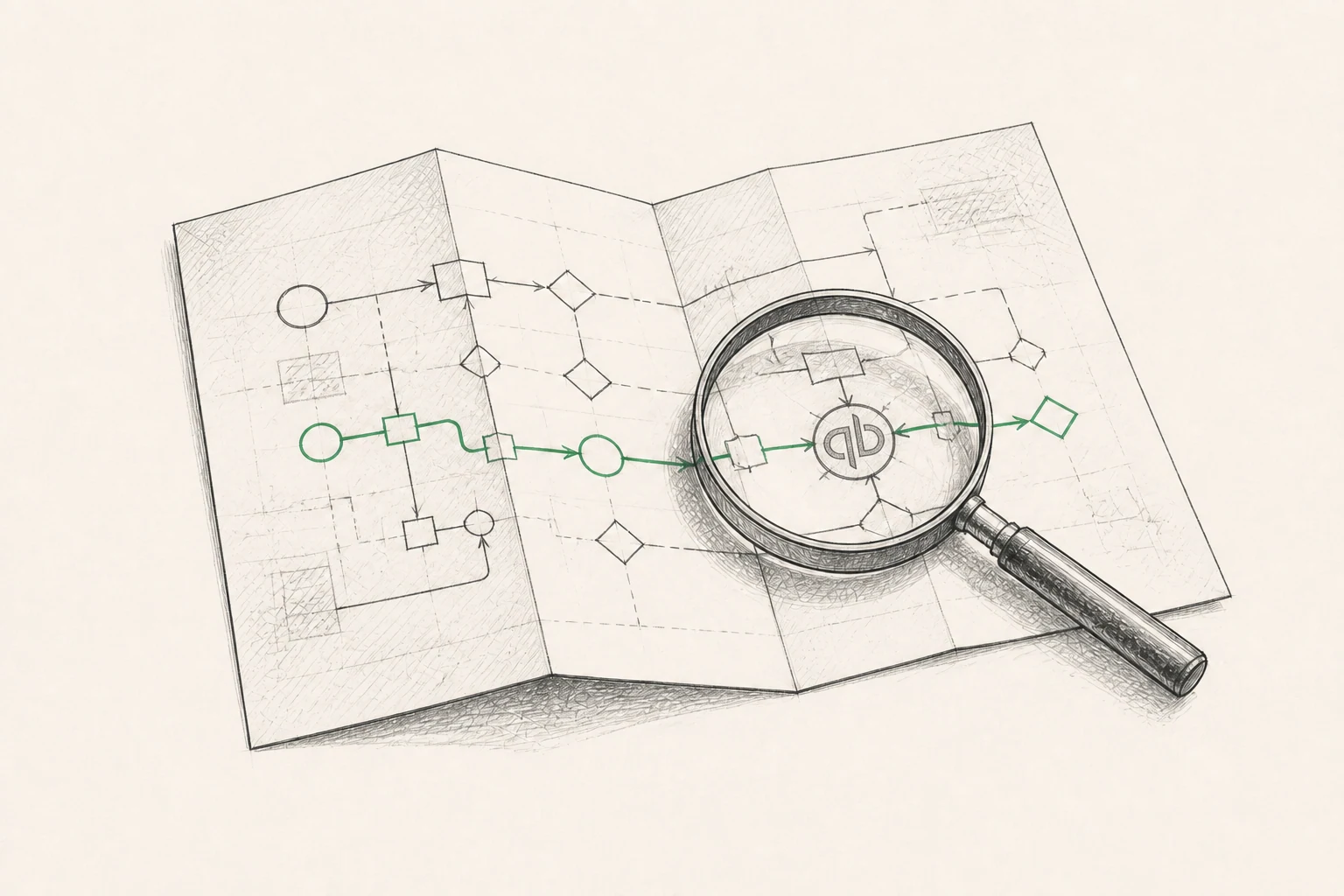 A process map using QuickBooks being inspected to identify the clearest opportunity